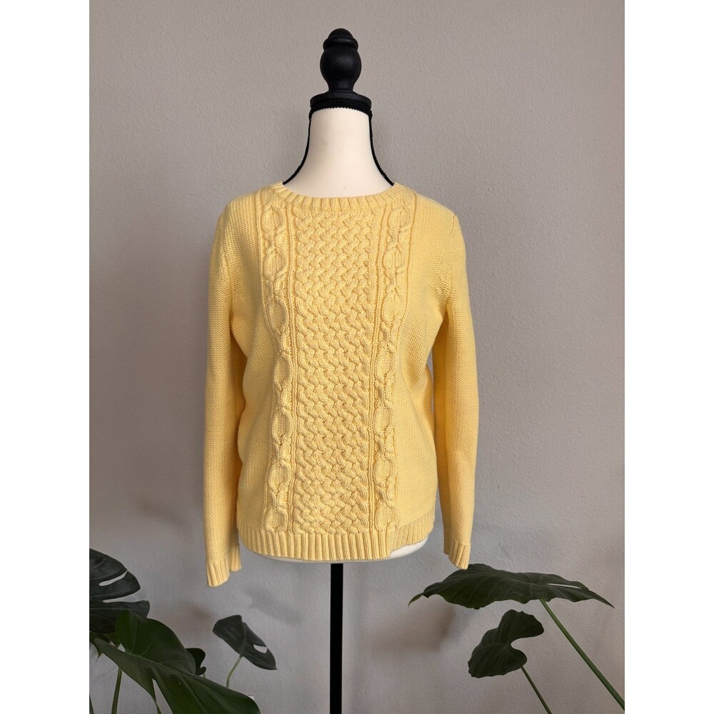 Talbots Petite M Yellow Cable Knit Cotton-Blend Crewneck Sweater Preppy Classic